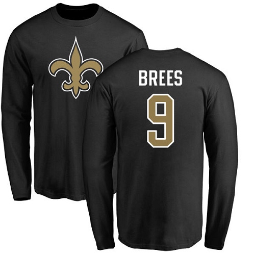 Men New Orleans Saints Black Drew Brees Name and Number Logo NFL Football #9 Long Sleeve T Shirt->nfl t-shirts->Sports Accessory